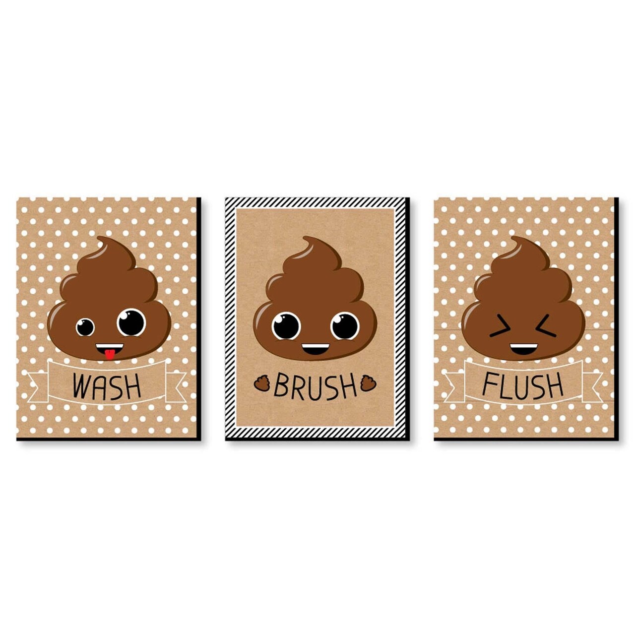Big Dot of Happiness Poop Emoji - Kids Bathroom Rules Wall Art - 7.5 x 10 inches - Set of 3 Signs - Wash, Brush, Flush